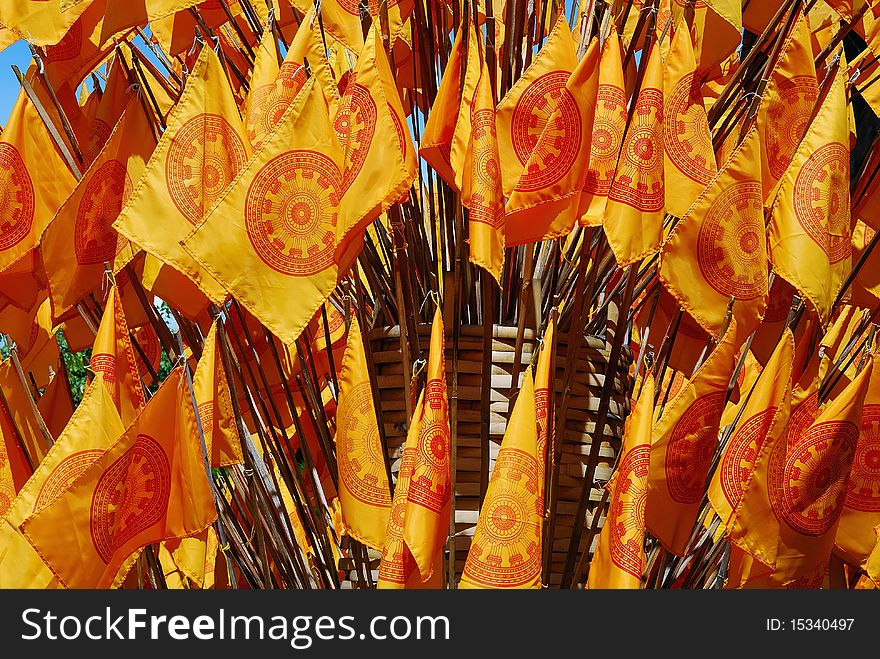 Buddhist flags view in the morning Wat Pantaow, Chiangmai, Thailand