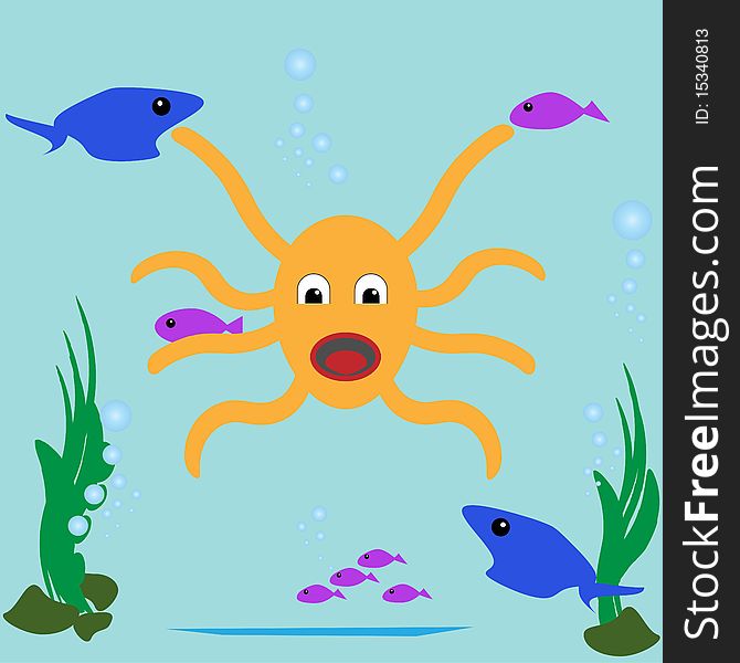 Comical Octopus Underwater Fish Illustration
