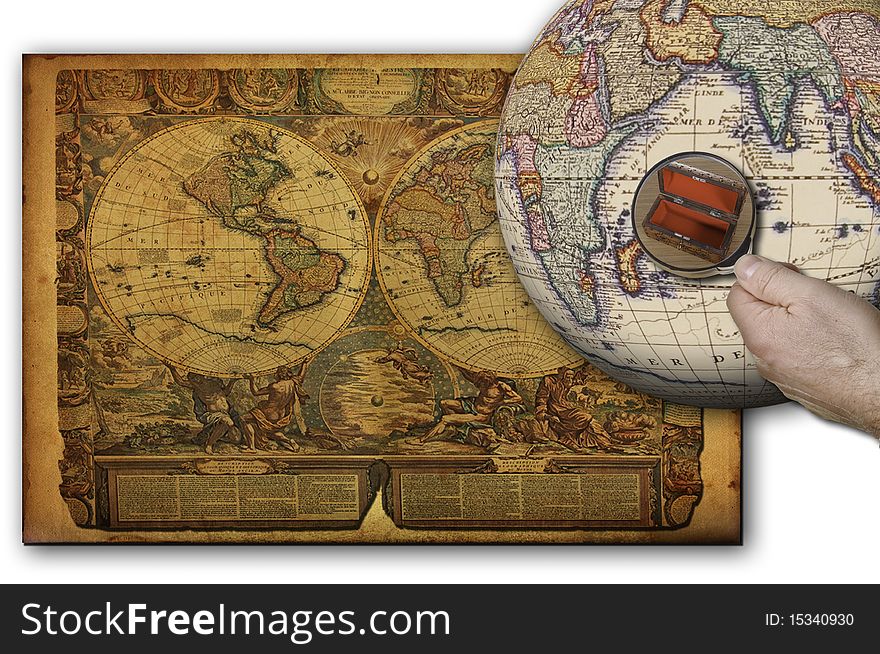 The picture shows an old world maps with a globe and a hand with a magnifying glass looking at an empty box. The picture shows an old world maps with a globe and a hand with a magnifying glass looking at an empty box