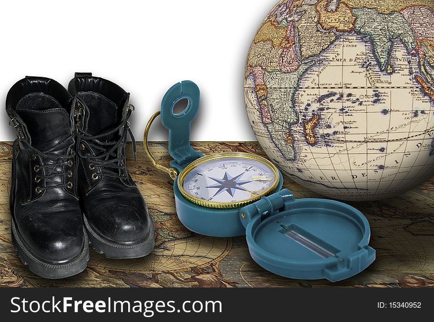 This image shows various objects related to adventure travel and exploration. This image shows various objects related to adventure travel and exploration