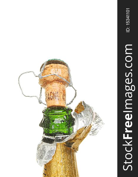 Champagne bottle and cork with water droplets isolated against white. Champagne bottle and cork with water droplets isolated against white