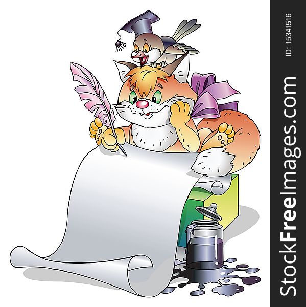 Cat with a sheet of paper, with a feather in a paw, with an inkwell and with a bird sitting on a head.