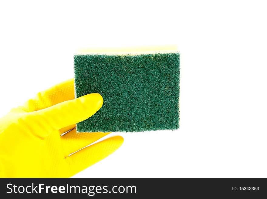 Cleaning sponge with yellow gloves clean