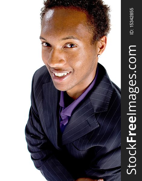 Young black businessman over white background. Isolated fresh teenager in suit.
