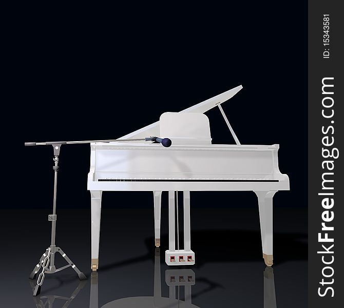 Gand piano and microphone on a black background
