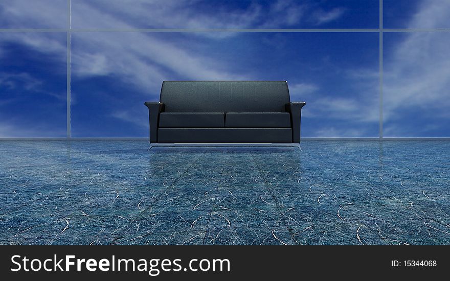 Black leather sofa on shining floor with panoram view behind. Black leather sofa on shining floor with panoram view behind