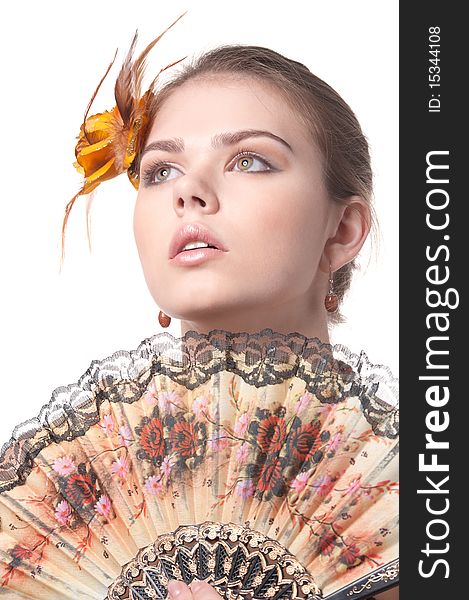 Girl With Colorful Fan Poses On White