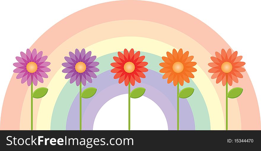 A beautiful collection of flowers with a rainbow background.