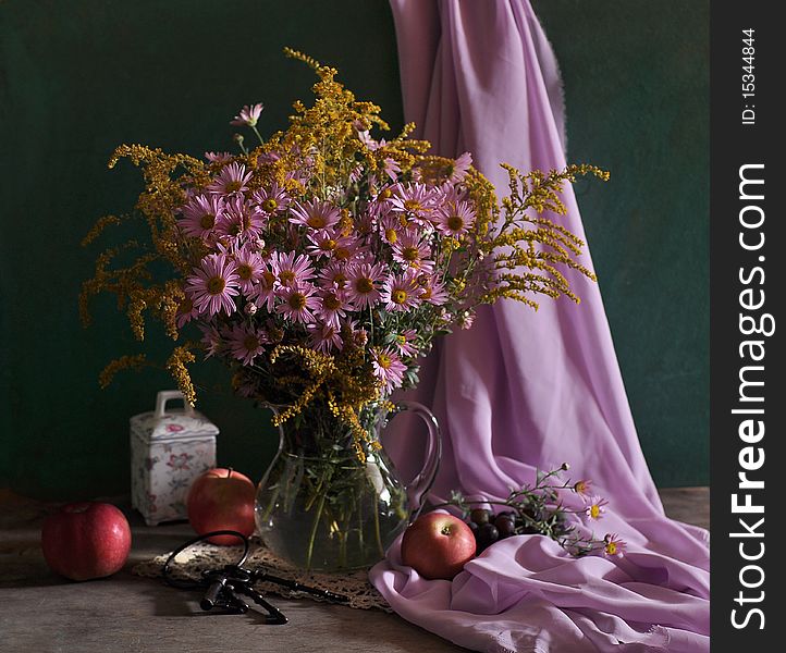 Still Life With Pink Colors And Apples