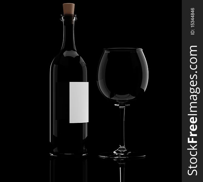 3d wine bottle and glass, on black