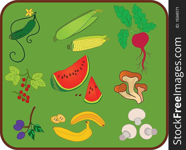 Icon set of vegetables and fruits on green background