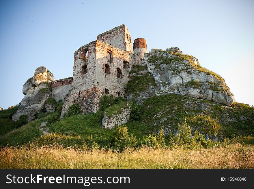 Old castle ruins in Olsztynin Poland on evening