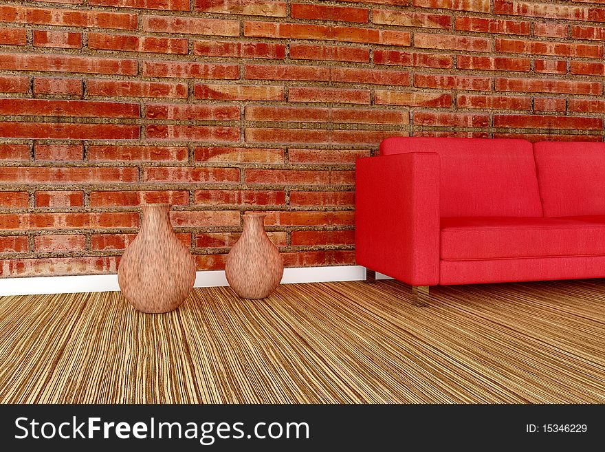 Interior room in 3d with two wooden vase