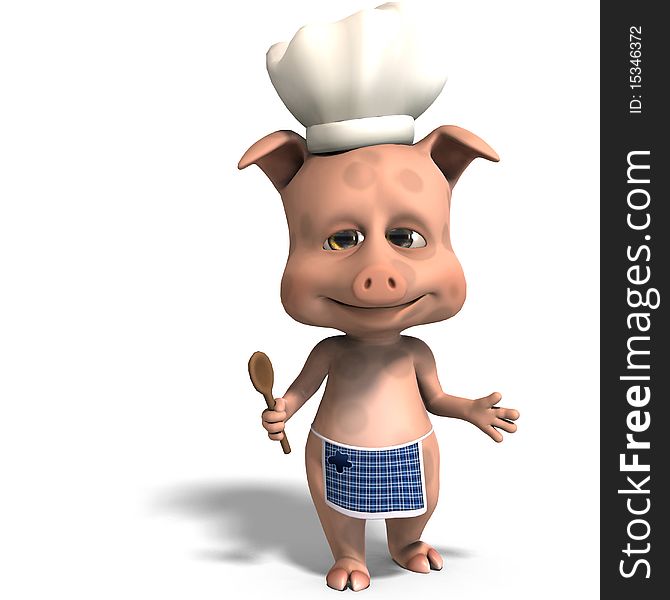 The cook is a cute toon pig. 3D rendering with clipping path and shadow over white