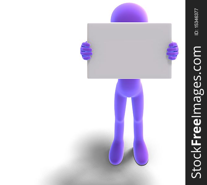 Symbolic 3d male toon character show something with a blank sign. 3D rendering with clipping path and shadow over white