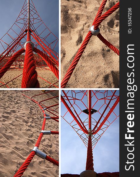 Pictures of a red rope climbing frame taken on a beach in Barcelona, Spain.