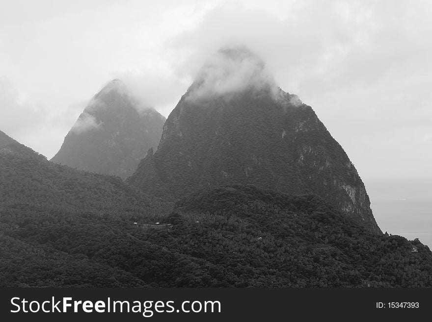 Twin mountain peaks on the island of St. Lucia.  Well known natural feature on the island.  Has been refered to by Oprah. Twin mountain peaks on the island of St. Lucia.  Well known natural feature on the island.  Has been refered to by Oprah.
