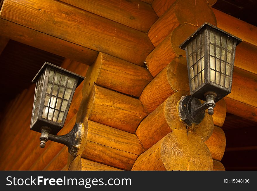 A older lamp on the log wall