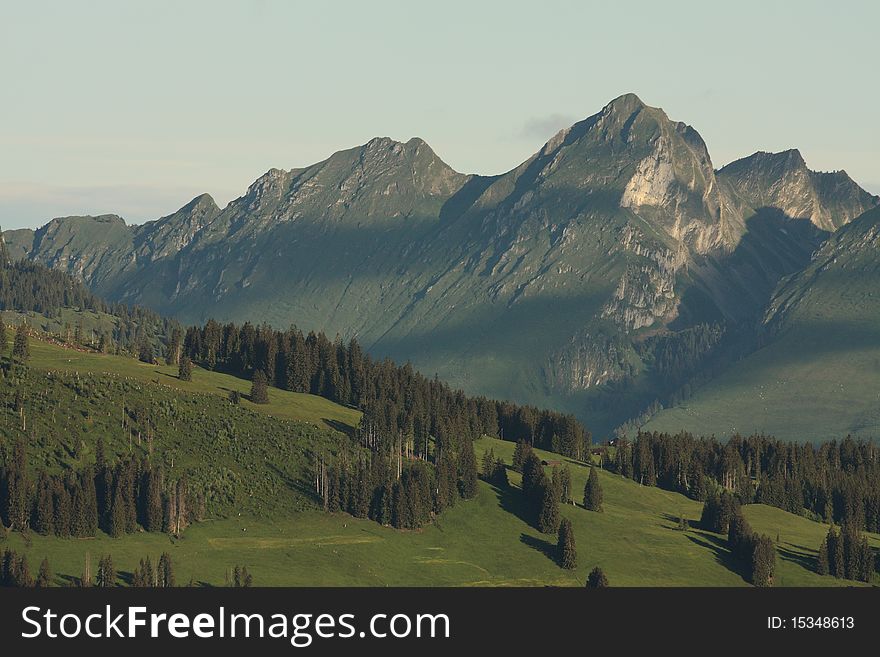 Swiss mountain morning light view