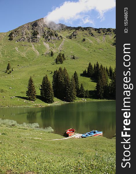 Swiss mountain view with lake