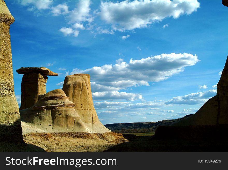 An image of hoodoo;s near Drumheller, Alberta, Canada.