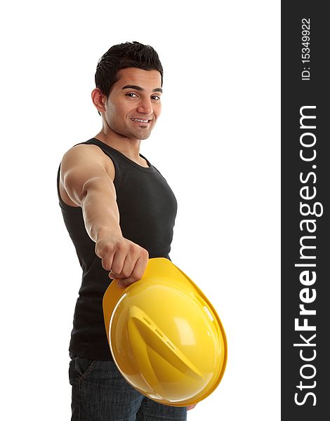 A friendly construction worker, builder or tradesman takes off his hard hat and smiles.  White background. A friendly construction worker, builder or tradesman takes off his hard hat and smiles.  White background.