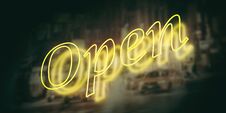 Open Sign, Neon Light Yellow Color Dark Background. 3d Illustration Stock Photography