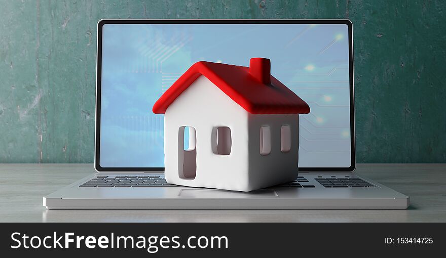 Smart home, real estate and technology concept. House model on a computer laptop, wooden office desk. 3d illustration