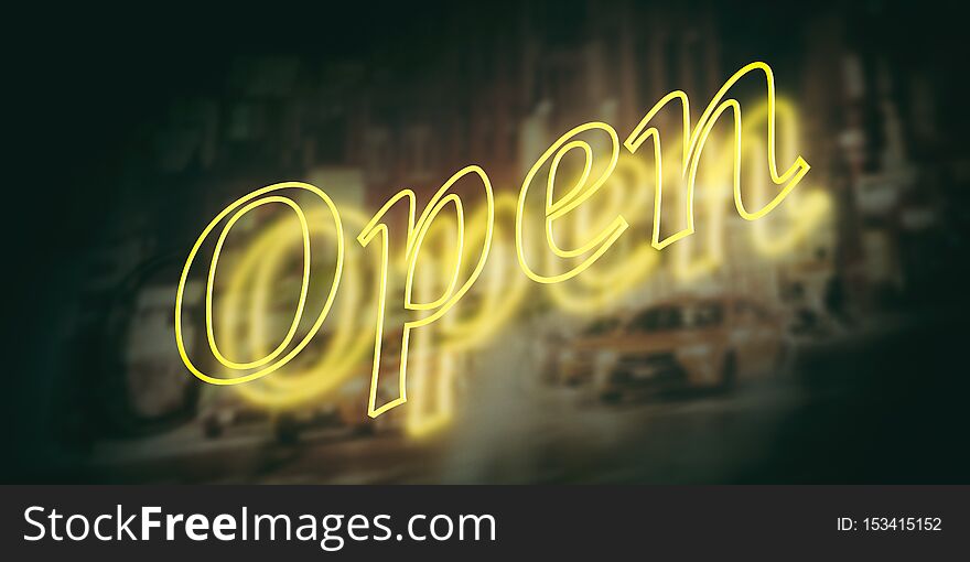 Open sign, neon light yellow color dark background. 3d illustration