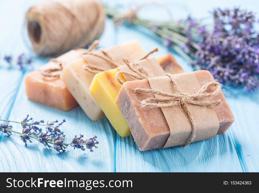 Handmade natural soap with lavander  . Spa photo on rustic background