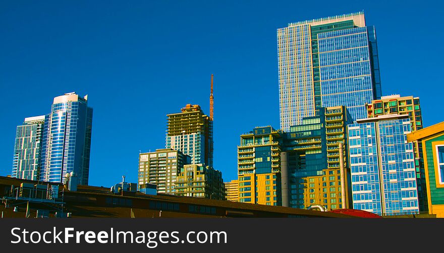 Seattle, Washington, USA mai 9, 2019 Downtown Seattle,Graphic modern Seattle downtown skyscrapers with blue clear sky