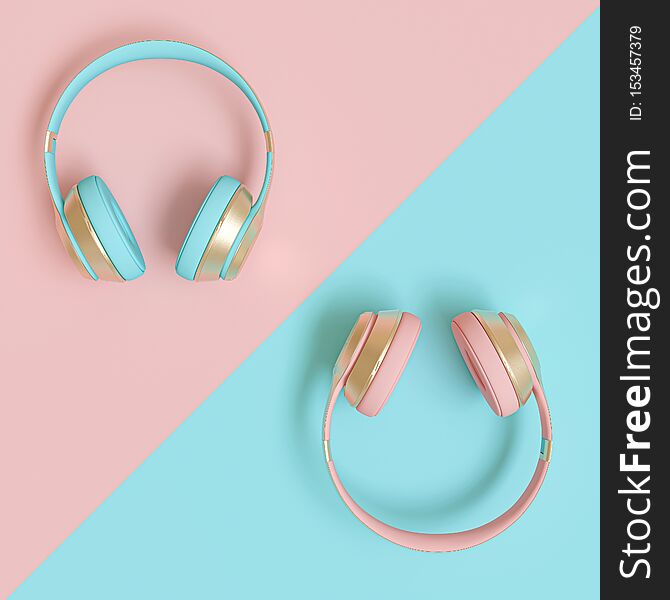 Modern Audio Headphones In Gold, Pink And Blue On A Flat Lay Bicolor Background