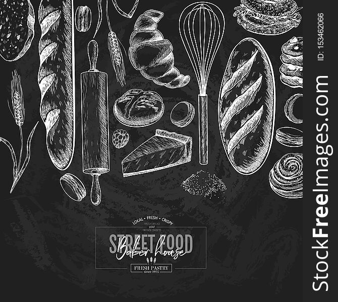 Bakery Set. Hand Drawn Bread, Loaf, Croissant, Pretzel, Macaron, Pie, Baguette. Wheatl Flour Pastry. Chalkboard Vector