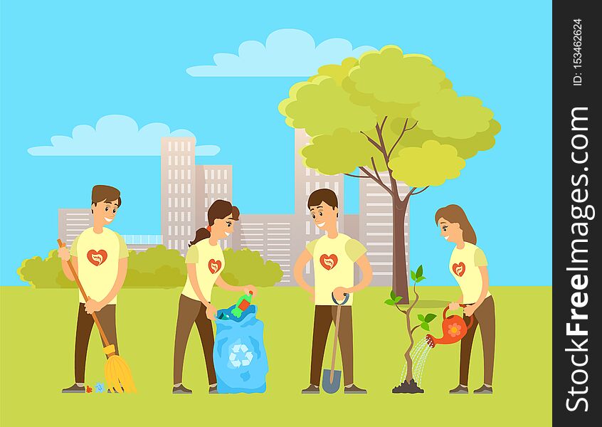 Volunteers Watering Plants From Can Digging Ground