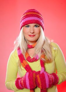 Pretty Funny Winter Woman In Hat And Gloves Royalty Free Stock Image