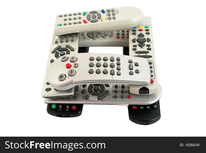 Remote controls on a white background