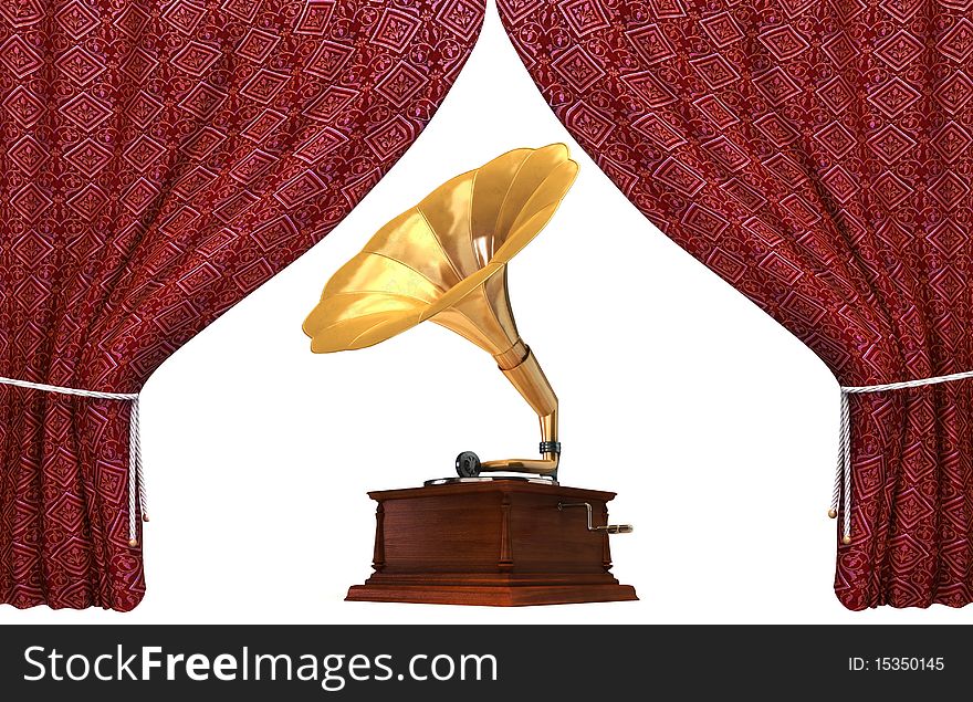 Antique gramophone and red curtain. Antique gramophone and red curtain