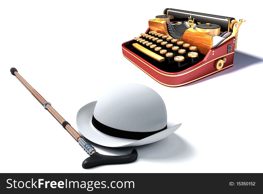 Typewriter, hat and cane