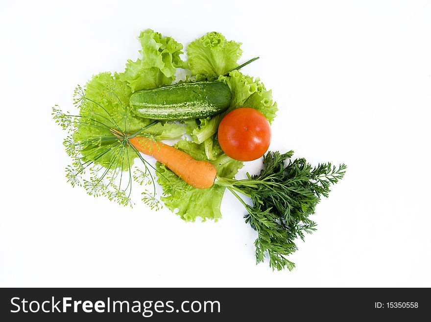 Still-life from a tomato, salad, a cucumber, greens and a carrot on a white background