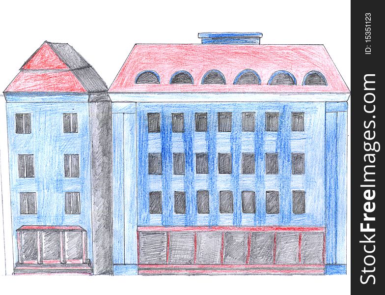 Blue house, concept, illustration, colored pencil drawing. Blue house, concept, illustration, colored pencil drawing