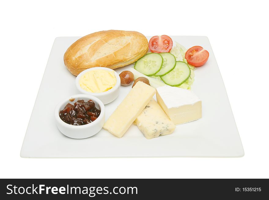 Ploughman's lunch of bread cheese salad and pickles. Ploughman's lunch of bread cheese salad and pickles