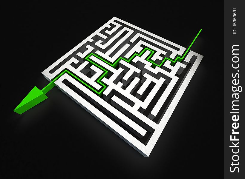 Labyrinth with green arrow inside. Labyrinth with green arrow inside