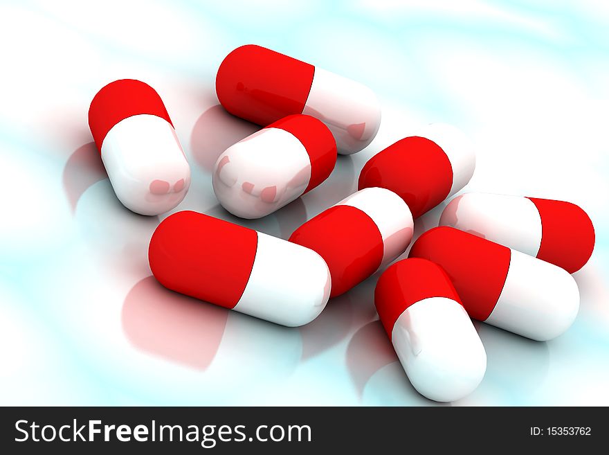 3d multi use red and white pills in color background