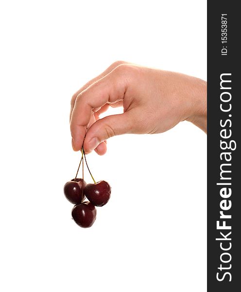 Hand holding cherry isolated over white