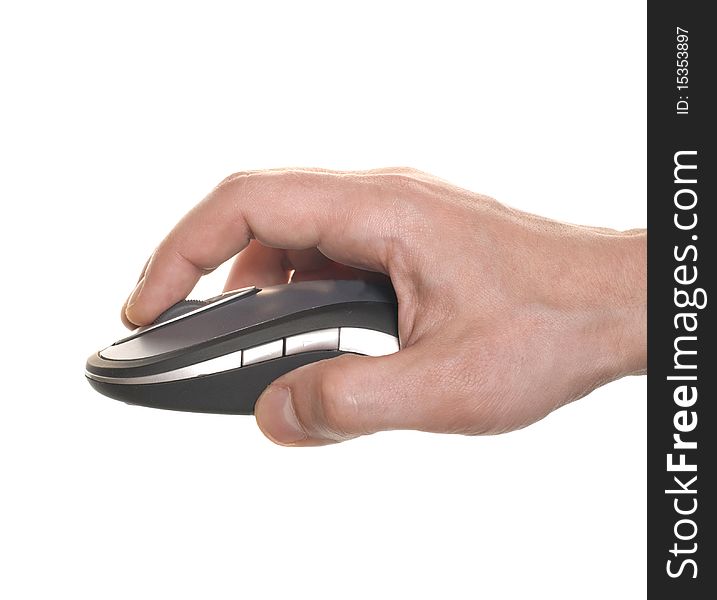 Businessman's hand working on computer mouse isolated over white