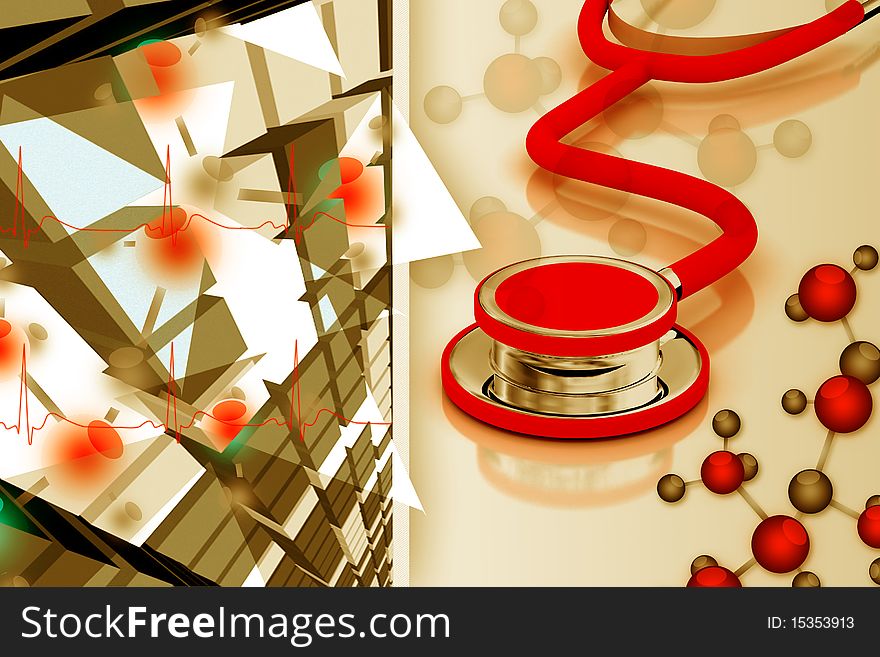 Digital illustration of stethoscope and molecules in color background