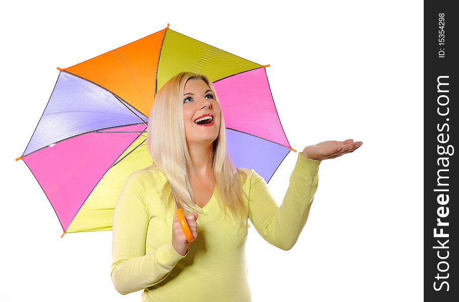 Portrait of pretty autumn woman standing under umbrella. white background. Portrait of pretty autumn woman standing under umbrella. white background