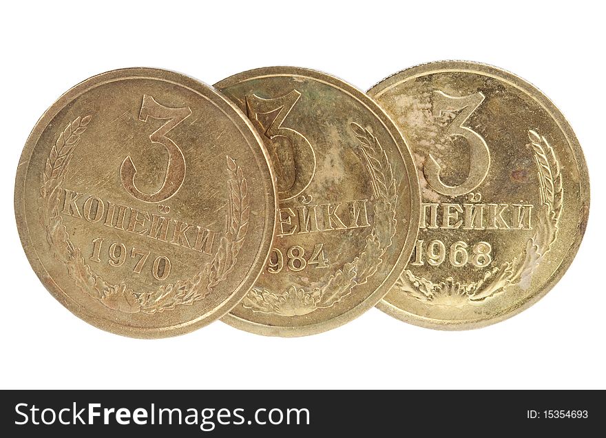 Three copper russian coins on white background