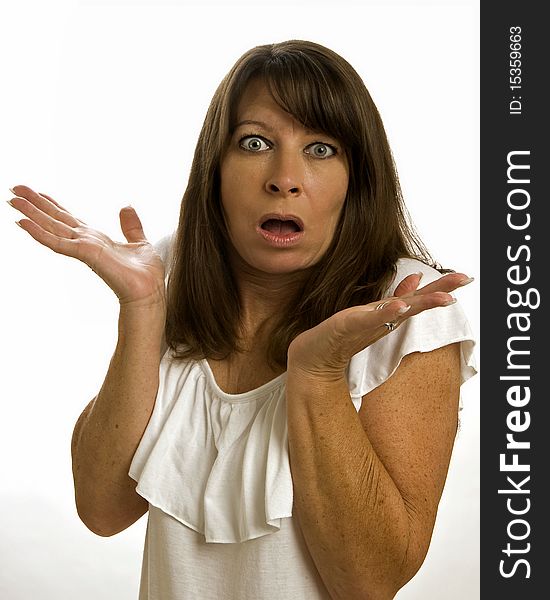 Middle age woman gesturing that she is surprised