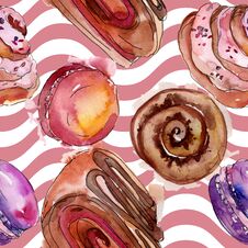 Tasty Cake And Desserts In A Watercolor Style. Watercolour Illustration Set. Seamless Background Pattern. Royalty Free Stock Photos